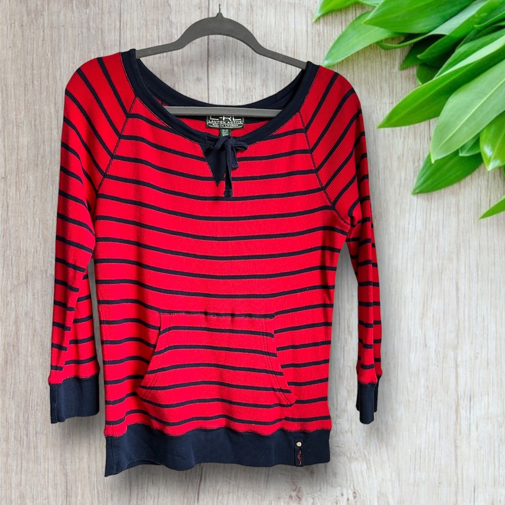 Lauren active Ralph Lauren blue red nautical off shoulder striped top medium
